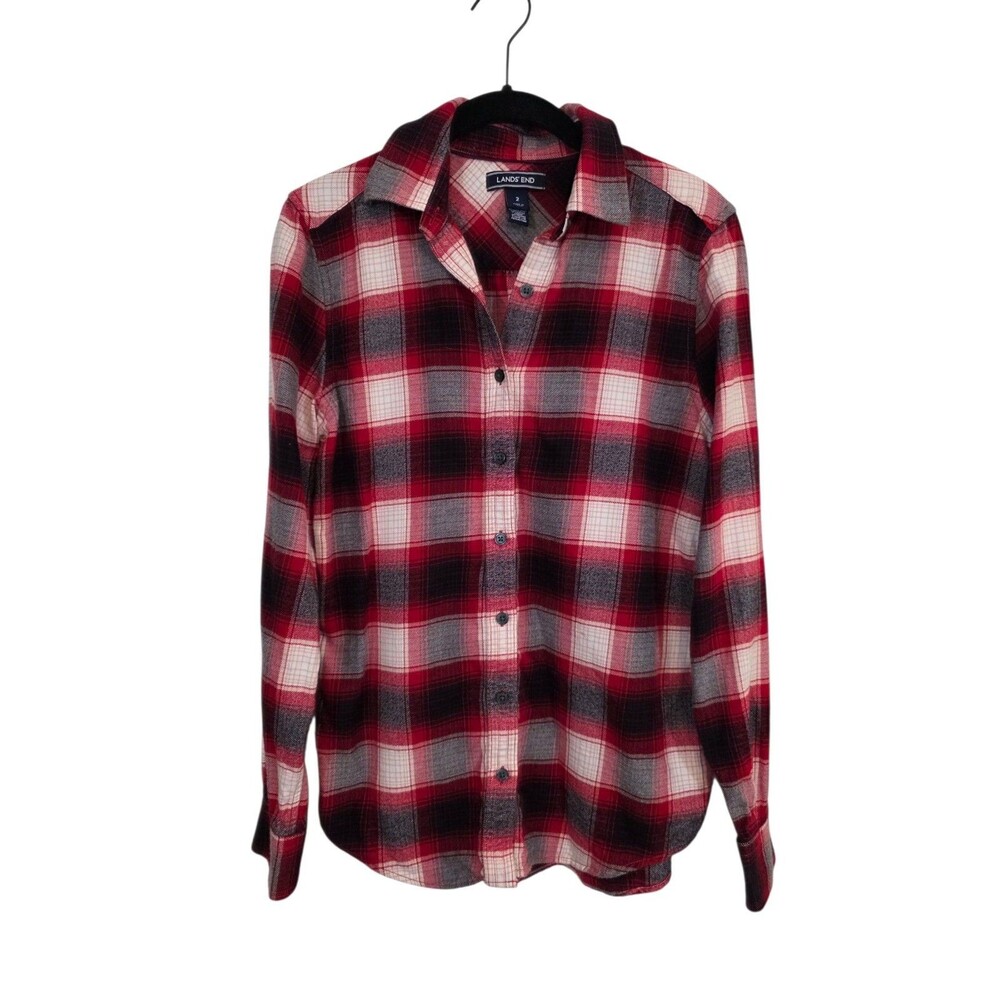 Lands End Top Womans 2 Red Plaid Cotton Button Front Flannel Shirt Casual Camp